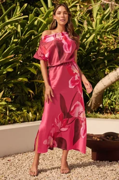 Clearance Sarita Maxi Off Shoulder Dress in Multi Pink Floral Satin Dresses|Party