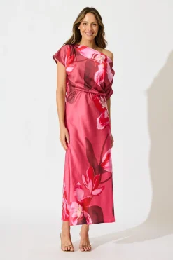 Clearance Sarita Maxi Off Shoulder Dress in Multi Pink Floral Satin Dresses|Party