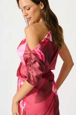 Clearance Sarita Maxi Off Shoulder Dress in Multi Pink Floral Satin Dresses|Party