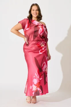Clearance Sarita Maxi Off Shoulder Dress in Multi Pink Floral Satin Dresses|Party