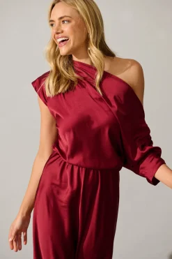 Sale Sarita Maxi Off Shoulder Dress in Wine Satin Dresses|Party