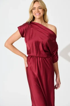 Sale Sarita Maxi Off Shoulder Dress in Wine Satin Dresses|Party