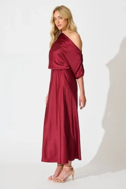Sale Sarita Maxi Off Shoulder Dress in Wine Satin Dresses|Party