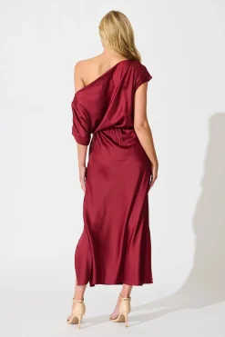 Sale Sarita Maxi Off Shoulder Dress in Wine Satin Dresses|Party
