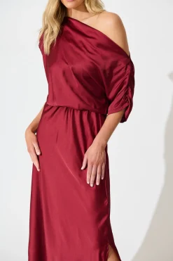 Sale Sarita Maxi Off Shoulder Dress in Wine Satin Dresses|Party