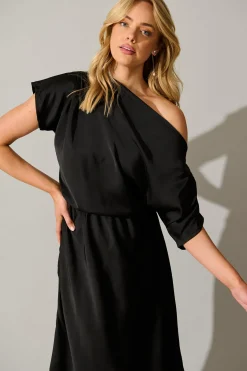New Sarita Maxi Off Shoulder Dress in Black Satin Dresses|Party