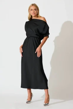New Sarita Maxi Off Shoulder Dress in Black Satin Dresses|Party