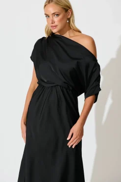 New Sarita Maxi Off Shoulder Dress in Black Satin Dresses|Party