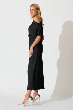 New Sarita Maxi Off Shoulder Dress in Black Satin Dresses|Party