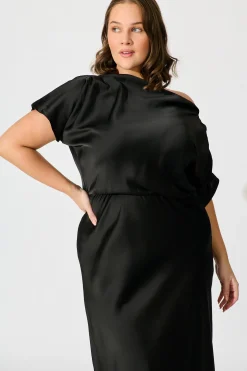 New Sarita Maxi Off Shoulder Dress in Black Satin Dresses|Party