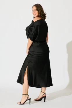 New Sarita Maxi Off Shoulder Dress in Black Satin Dresses|Party