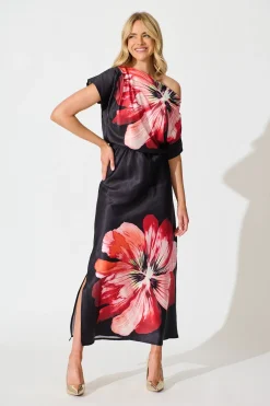 Best Sarita Maxi Off Shoulder Dress in Black and Red Flower Satin Dresses|Party