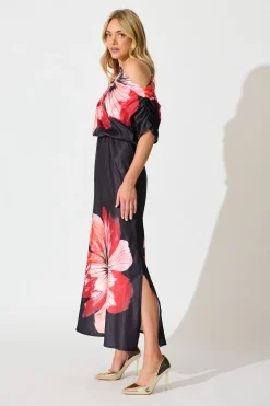 Best Sarita Maxi Off Shoulder Dress in Black and Red Flower Satin Dresses|Party