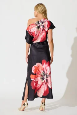 Best Sarita Maxi Off Shoulder Dress in Black and Red Flower Satin Dresses|Party