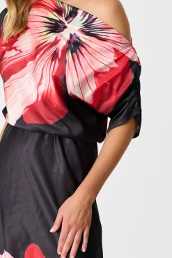 Best Sarita Maxi Off Shoulder Dress in Black and Red Flower Satin Dresses|Party
