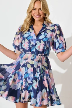 Clearance Sathia Shirt Dress in Navy Multi Watercolour Floral Dresses|Casual
