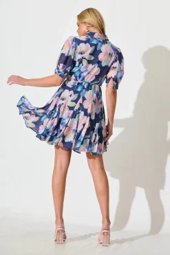 Clearance Sathia Shirt Dress in Navy Multi Watercolour Floral Dresses|Casual