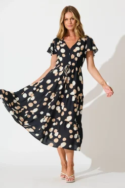 Online Saturday Midi Dress In Black with Cream Spot Dresses|Casual