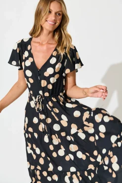 Online Saturday Midi Dress In Black with Cream Spot Dresses|Casual
