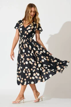 Online Saturday Midi Dress In Black with Cream Spot Dresses|Casual