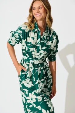 Sale Scottdale Midi Shirt Dress in Emerald Print Cotton Dresses|Casual