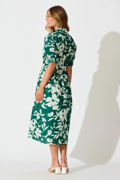 Sale Scottdale Midi Shirt Dress in Emerald Print Cotton Dresses|Casual