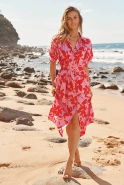 Fashion Scottdale Midi Shirt Dress in Pink with Red Floral Cotton Dresses|Casual