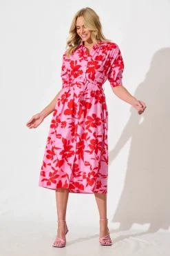 Fashion Scottdale Midi Shirt Dress in Pink with Red Floral Cotton Dresses|Casual