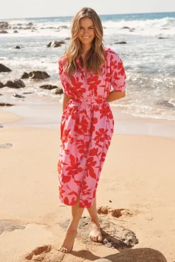 Fashion Scottdale Midi Shirt Dress in Pink with Red Floral Cotton Dresses|Casual