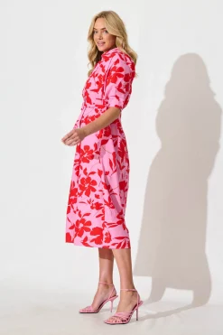 Fashion Scottdale Midi Shirt Dress in Pink with Red Floral Cotton Dresses|Casual