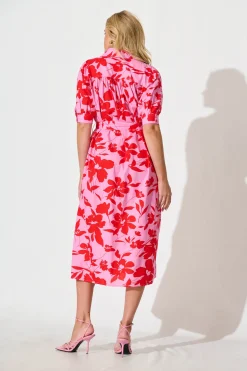 Fashion Scottdale Midi Shirt Dress in Pink with Red Floral Cotton Dresses|Casual