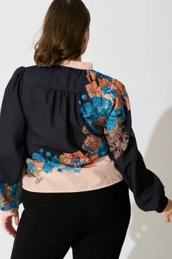Hot Secret Bloom Blouse Top in Black Multi Floral Linen Blend Tops|Party & Occasion