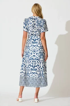Best Selina Maxi Dress in White with Navy Linen Blend Dresses|Casual