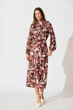 Clearance Sepia Bloom Midi Dress in Multi Brown Print Satin Dresses|Party