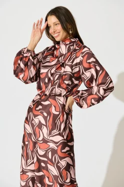 Clearance Sepia Bloom Midi Dress in Multi Brown Print Satin Dresses|Party