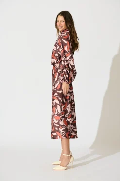 Clearance Sepia Bloom Midi Dress in Multi Brown Print Satin Dresses|Party