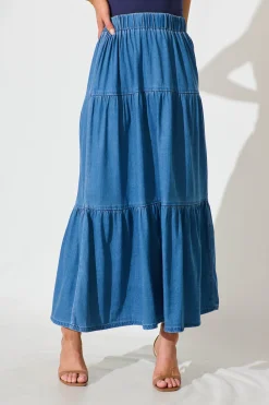 Fashion Seren Maxi Skirt in Mid Blue Denim Bottoms|Denim