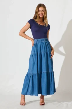 Fashion Seren Maxi Skirt in Mid Blue Denim Bottoms|Denim