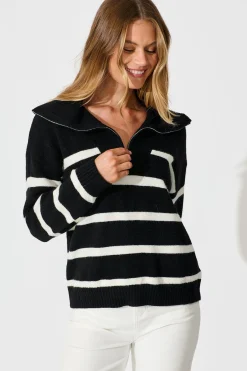 Outlet Serena Zip Knit in Black with White Stripe Wool Blend Knitwear|Knitwear