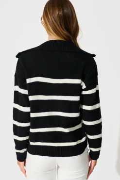 Outlet Serena Zip Knit in Black with White Stripe Wool Blend Knitwear|Knitwear