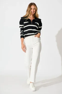 Outlet Serena Zip Knit in Black with White Stripe Wool Blend Knitwear|Knitwear