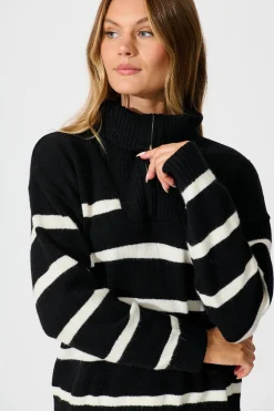 Outlet Serena Zip Knit in Black with White Stripe Wool Blend Knitwear|Knitwear