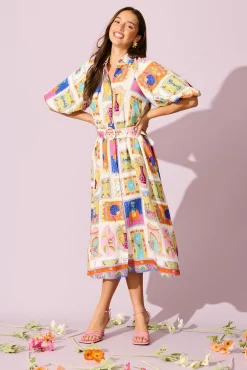 New Serenity Midi Shirt Dress in Cream with Multi Conversational Print Dresses|Casual