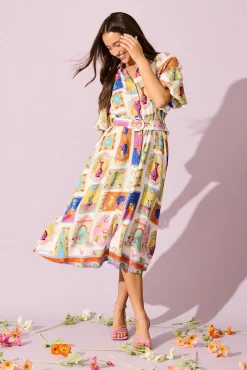 New Serenity Midi Shirt Dress in Cream with Multi Conversational Print Dresses|Casual
