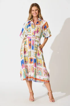 New Serenity Midi Shirt Dress in Cream with Multi Conversational Print Dresses|Casual