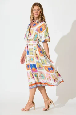New Serenity Midi Shirt Dress in Cream with Multi Conversational Print Dresses|Casual