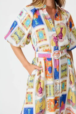 New Serenity Midi Shirt Dress in Cream with Multi Conversational Print Dresses|Casual