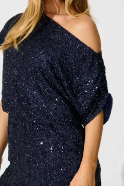 Online Shayla Off Shoulder Dress in Navy Sequin Dresses|Party
