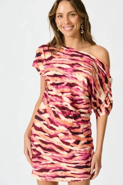 Sale Shayla Off Shoulder Dress in Multi Wine Print Dresses|Party