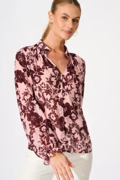 Fashion Shelby Top in Pink with Wine Floral Print Tops|Casual